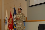 DLA Troop Support Commander Army Brig. Gen. Gavin Lawrence addresses the workforce at a town hall event Oct. 2, 2019 in Philadelphia. Lawrence discussed the accomplishments of the past fiscal year and changes and expectations of the next. Photo by Ed Maldonado