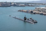 190908-N-UD469-0004 JOINT BASE PEARL HARBOR-HICKAM Sept. 8, 2019 -- The Los Angeles-class fast-attack submarine USS Olympia (SSN 717) returns home following a seven-month deployment. Olympia conducted an around-the-world deployment in support of maritime security operations with allies and partners to ensure high-end war fighting capabilities in this era of great power competition. (U.S. Navy photo by Mass Communication Specialist 1st Class Amanda Gray/Released)
