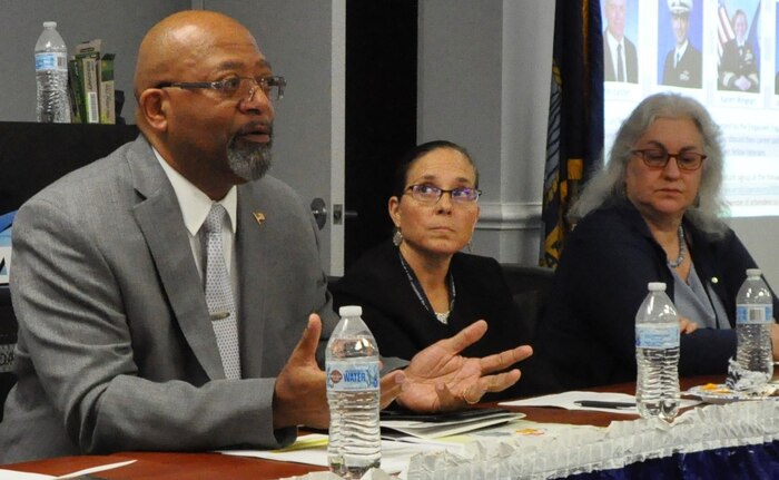 IMAGE: DAHLGREN, Va. (Oct. 4, 2019) – Marietto Jeffries – Veterans Employment Special Emphasis Program Manager at Naval Surface Warfare Center Dahlgren Division (NSWCDD) – talks about the impact that three mentors had upon his career while discussing the benefits of multiple mentors with his fellow veterans. Jeffries, who is also the principle for safety at the NSWCDD Electromagnetic Railgun Program, was among a panel of five NSWCDD civilian leaders and technical experts who shared career tips and strategies at the command’s Veterans Integration event. The panel discussed how veterans can leverage the expertise they developed in the military as well as resources such as mentoring and increased networks to build successful civilian careers.