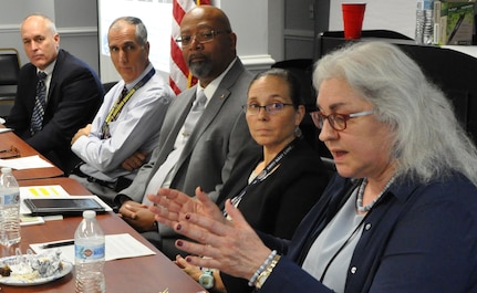 IMAGE: DAHLGREN, Va. (Oct. 4, 2019) – Lesley Painchaud – Naval Surface Warfare Center Dahlgren Division (NSWCDD) scientist – recounts the challenges she faced in her career as a Navy officer and as a veteran transitioning to the civilian workforce while offering advice to her fellow veterans employed at NSWCDD. Painchaud was among a panel of five NSWCDD civilian leaders and technical experts who shared career tips and strategies at the command’s Veterans Integration event. The panel discussed how veterans can leverage the expertise they developed in the military as well as resources such as mentoring and increased networks to build successful civilian careers.