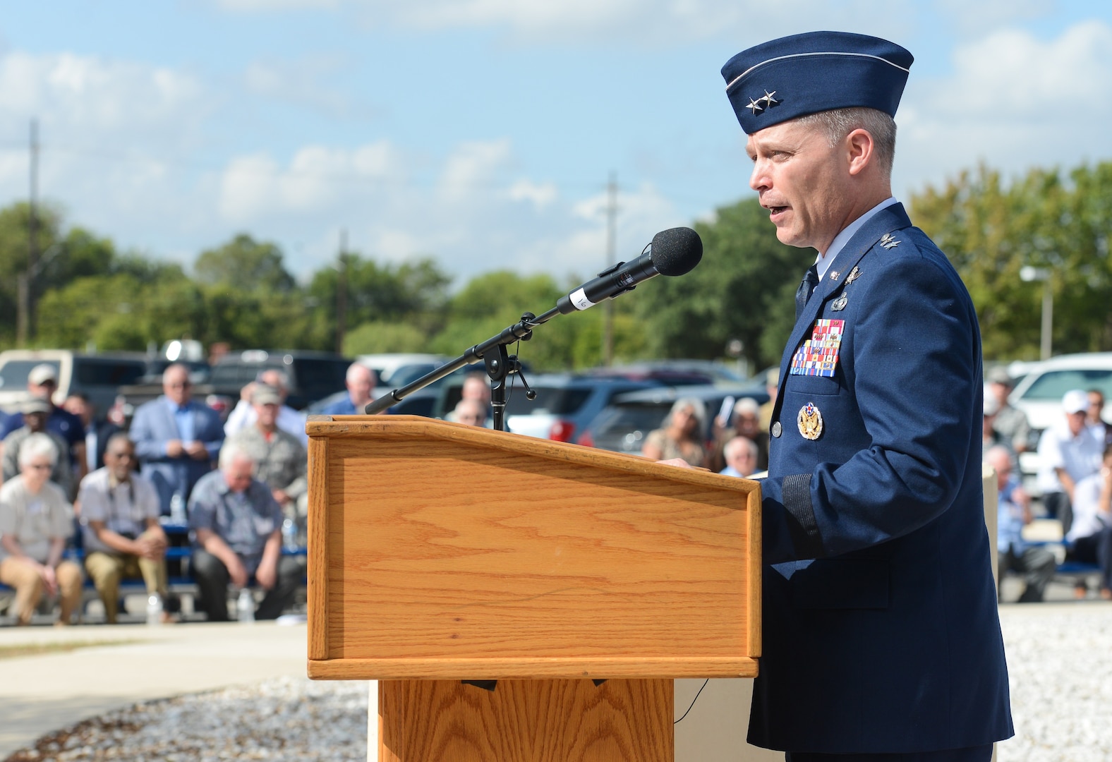 U.S. Air Force Maj. Gen. Timothy D. Haugh, Twenty-Fifth Air Force commander, speaks during the Twenty-Fourth and Twenty-Fifth Air Force's annual Remembrance Ceremony at Joint base San Antonio-Lackland Oct. 4. This year, former and present members of both NAFs gathered to remember the year's fallen warriors.