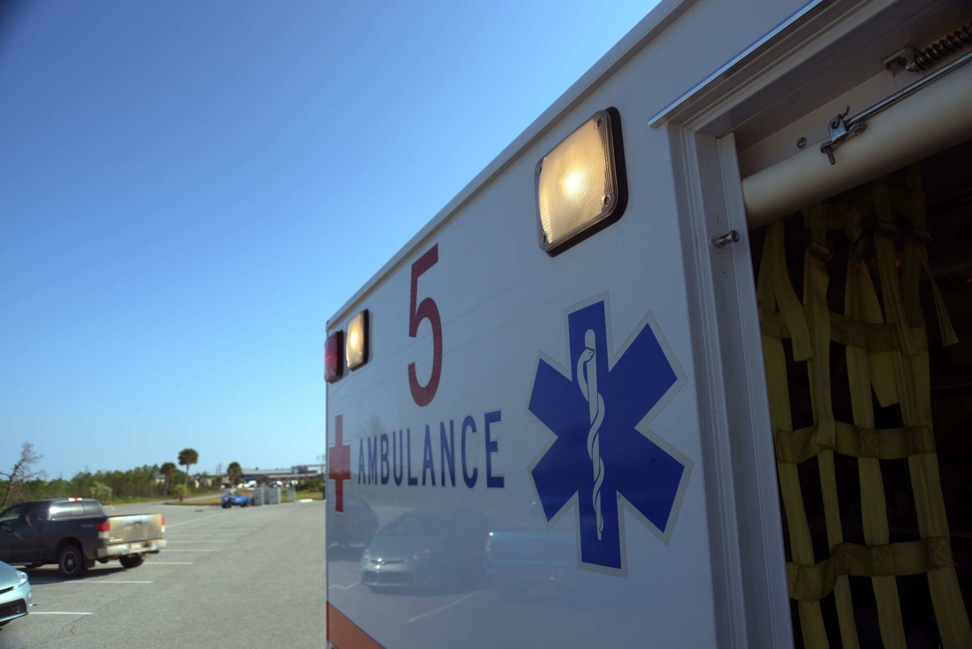 The 325th Operational Medical Readiness Squadron Ambulance Services Department’s Med 5 response vehicle is pictured Oct. 4, 2019, at Tyndall Air Force Base, Florida. Medical treatment vehicles are used to transport Airmen to and from medical response scenes when emergency patient care is needed for the Tyndall community. (U.S. Air Force photo by Staff Sgt. Magen M. Reeves)