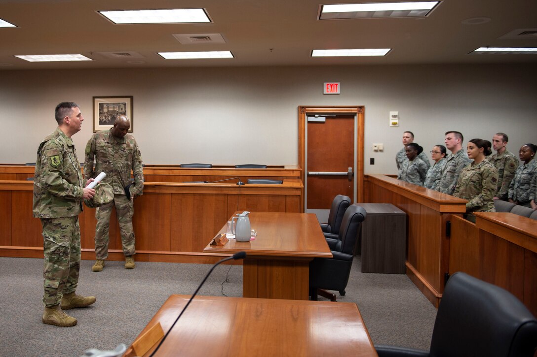 Col. Daniel Walls, 23d Wing commander, visits with Airmen from the Judge Advocate office Oct. 7, 2019, at Moody Air Force Base, Ga. Walls toured different components of Moody’s Wing Staff Agency to acknowledge their contributions to the mission. (U.S. Air Force photo by Airman Azaria E. Foster)