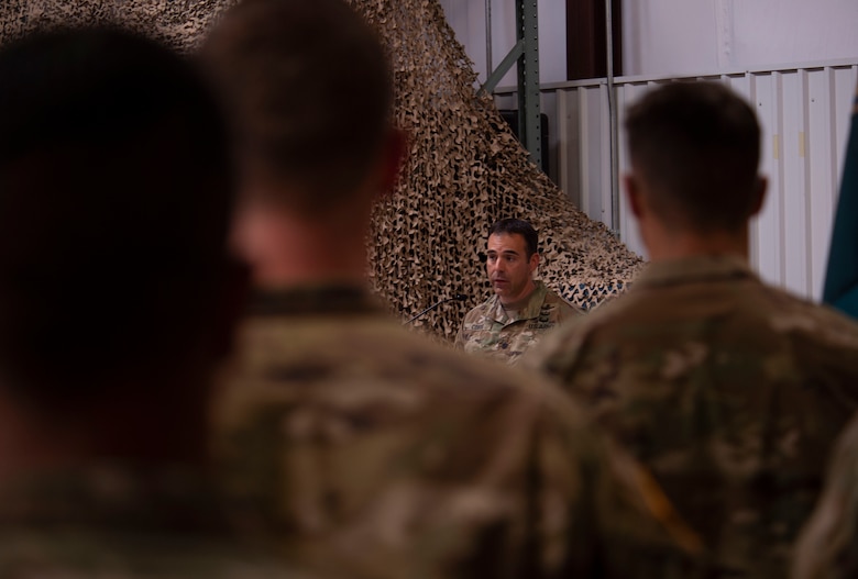 Lt. Col. Mark Cobos, 1st Space Battalion commander, addresses attendees at the 4th Space Company Detachment 4, 1st Space Bn. end-of-mission ceremony at the 527th Space Aggressor Squadron barn, Schriever Air Force Base, Colorado, Sept. 27, 2019. The event marked the end of a three-year partnership between the 527th SAS and 1st Space Bn. (U.S. Air Force photo by Staff Sgt. Matthew Coleman-Foster)
