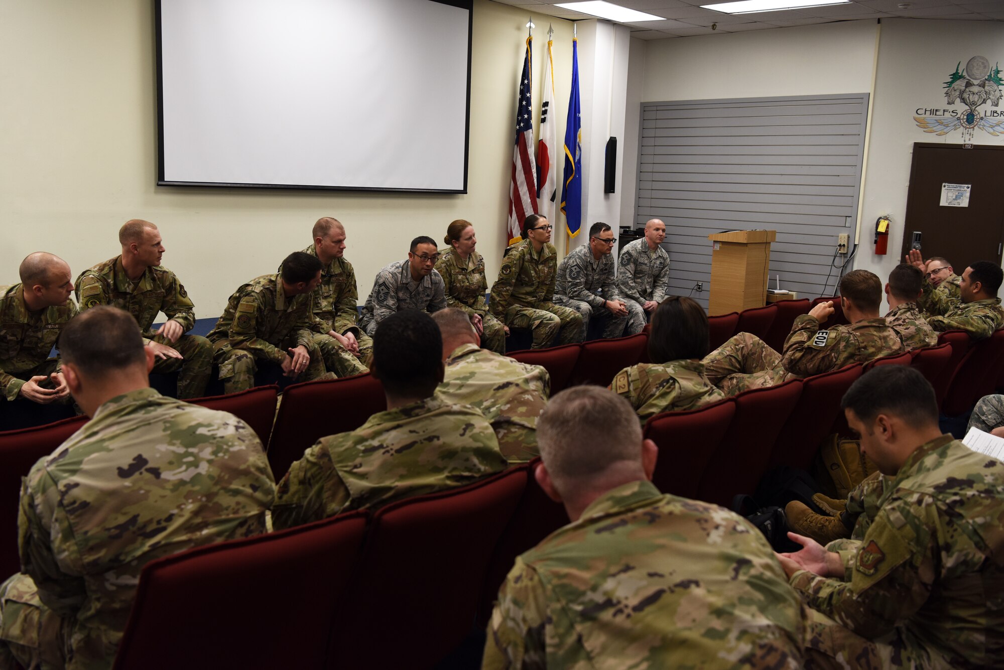 U.S. Air Force first sergeants answer questions from Airmen at the end of the First Sergeant Symposium at Kunsan Air Base, Republic of Korea, Oct. 2. The symposium informed Airmen on the roles and responsibilities of first sergeants so they can decide if they want to become a first sergeant during their career. (U.S. Air Force photo by Staff Sgt. Joshua Edwards)