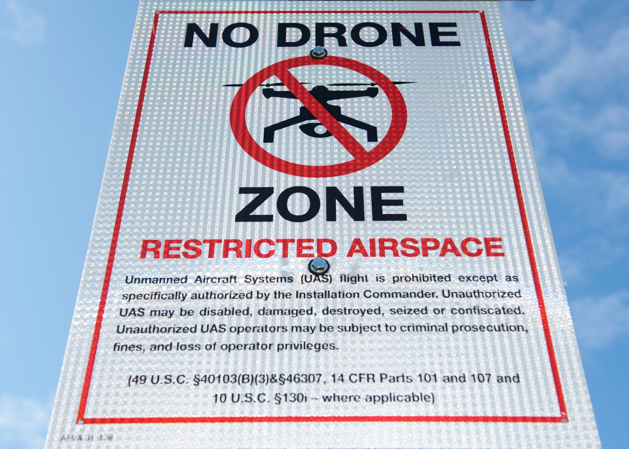 A newly posted sign at the base’s main gate announces a ban on all drones, or small Unmanned Aircraft Systems (sUAS), at Fairchild Air Force Base, Washington, Oct. 1, 2019. The Air Force instituted the ban on sUAS, or drones, in response to the rising popularity of private sUAS and the possible security risk they pose, along with the potential physical danger to aircraft from hitting a drone on take-off or landing. (U.S. Air Force photo by Senior Airman Ryan Lackey)