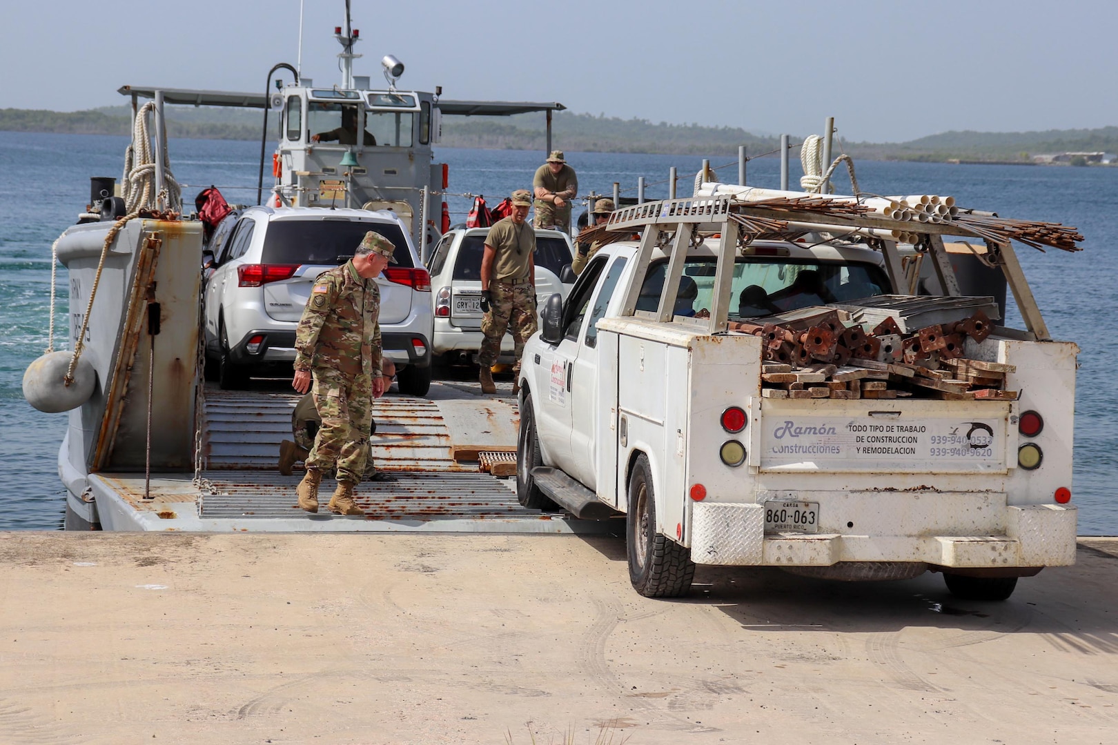 The Puerto Rico National Guard loads vehicles at its pier in Roosevelt Roads, Ceiba, Oct. 7, 2019, for a trip to the island of Vieques. Gov. Wanda Vazquez Garced activated the PRNG to provide cargo ferry service to Vieques and Culebra after two Maritime Transport Authority vessels suffered mechanical problems. The journey to the Islands takes nearly three hours roundtrip, depending on conditions.