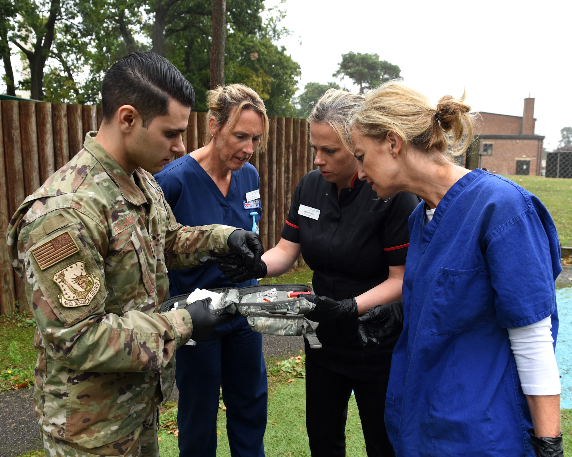 U.K. National Health Service partners view medical supplies during an immersion tour at Royal Air Force Lakenheath, England, Oct. 4, 2019. NHS medical personnel visited the Liberty Wing as part of on-going medical training and collaboration, and to showcase the 48th Medical Group’s simulation center capabilities. (U.S. Air Force photo by Airman 1st Class Rhonda Smith)