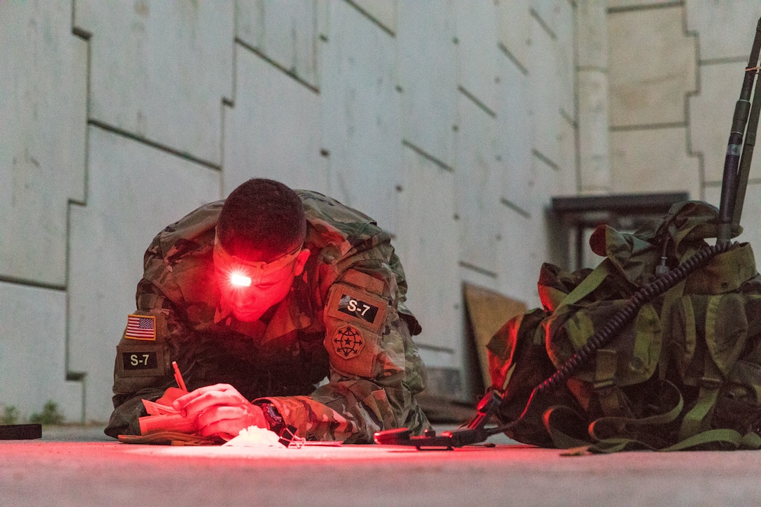 A soldier lies on the ground and uses a headlamp to help write on a paper.