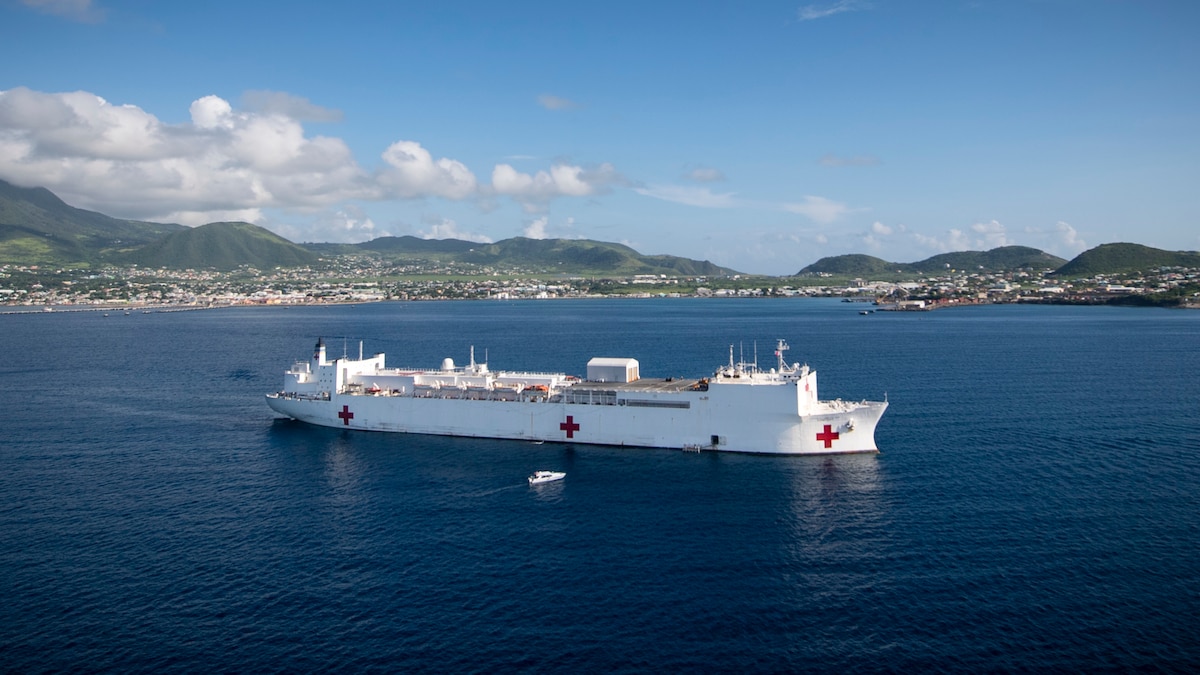 USNS Comfort (T-AH 20) is anchored off the coast of Basseterre, St. Kitts and Nevis.