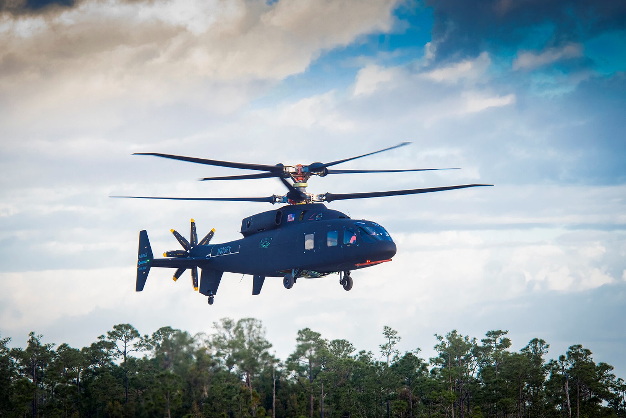 The Sikorsky-Boeing SB>1 DEFIANT™ is shown during its first flight in March. The military helicopter, being developed for the Army’s Joint Multi-Role Technology Demonstrator program, was tested earlier this year at the AEDC National Full-Scale Aerodynamics Complex at Moffett Field in Mountain View, California. (Courtesy photo)