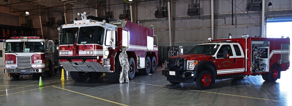 Fire Protection vehicles are put on display at the Louis F. Garland Department of Defense Fire Academy on Goodfellow Air Force Base, Texas, Oct. 5, 2019. The attack on the World Trade Center created a shift among firefighters, their preparedness and awareness of the possibility of mass causality events increased dramatically. (U.S. Air Force photo by Airman 1st Class Ethan Sherwood/Released)