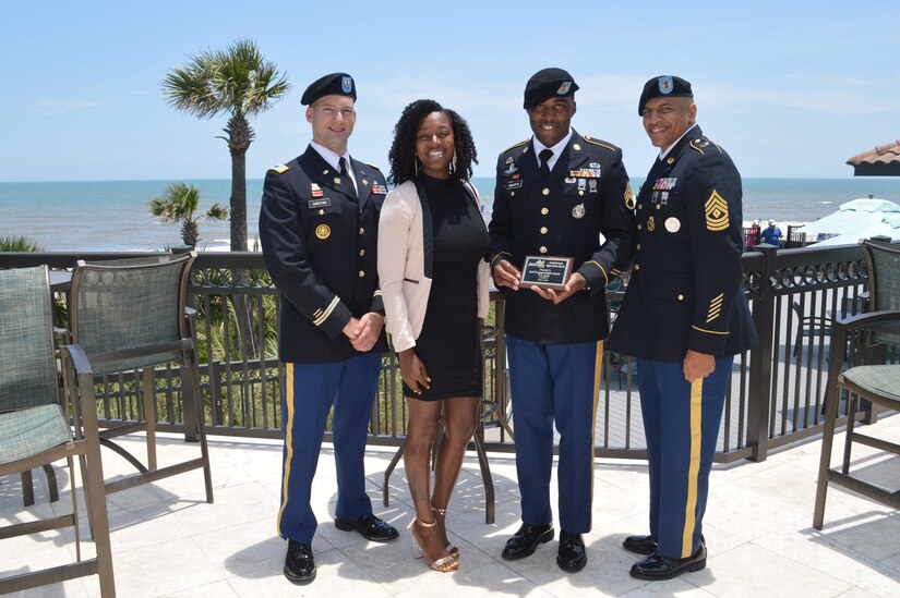 U.S. Army Staff Sgt. Ralph Cajuste is recognized as the Jacksonville Beaches Chamber of Commerce's Soldier of the Year for 2019 at an awards ceremony July 2019. (U.S. Army photo by April Valdez)