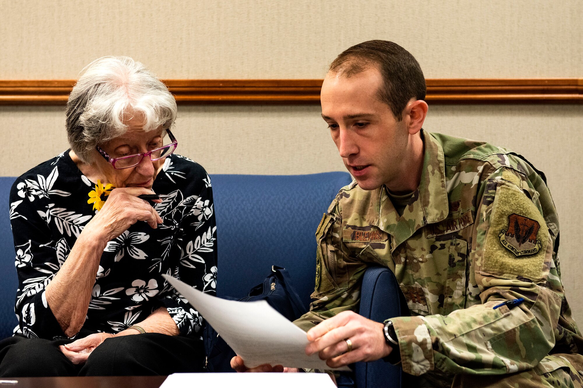 Capt. Phil Blevins, right, 23d Wing chief of general law, assists Barbara Swindell, retiree spouse, with her will Oct. 8, 2019, at Moody Air Force Base, Ga. The judge advocate office regularly aids retirees and military members with wills on Tuesdays. This free legal assistance provides personal and financial relief for customers and enables Airman readiness. (U.S. Air Force photo by Senior Airman Erick Requadt)
