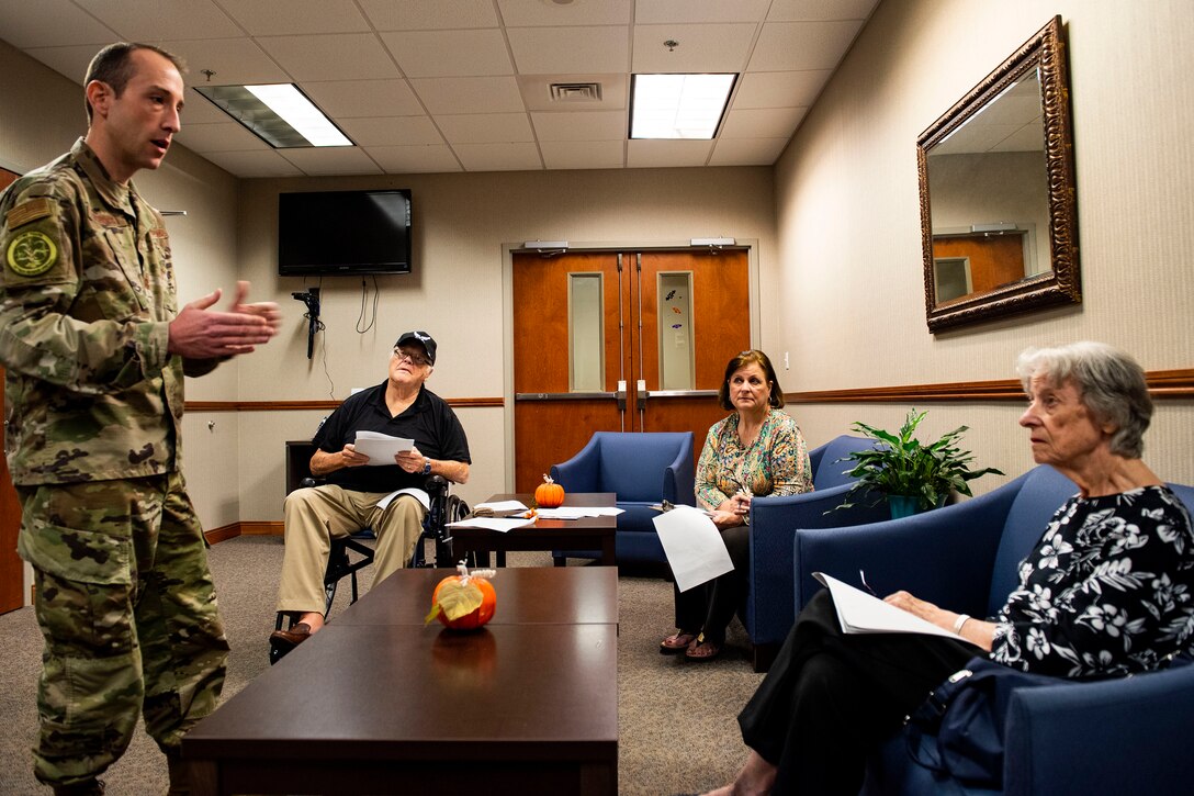 Capt. Phil Blevins, left, 23d Wing chief of general law, advises retirees on their wills Oct. 8, 2019, at Moody Air Force Base, Ga. The judge advocate office regularly aids retirees and military members with wills on Tuesdays. This free legal assistance provides personal and financial relief for customers and enables Airman readiness.  (U.S. Air Force photo by Senior Airman Erick Requadt)