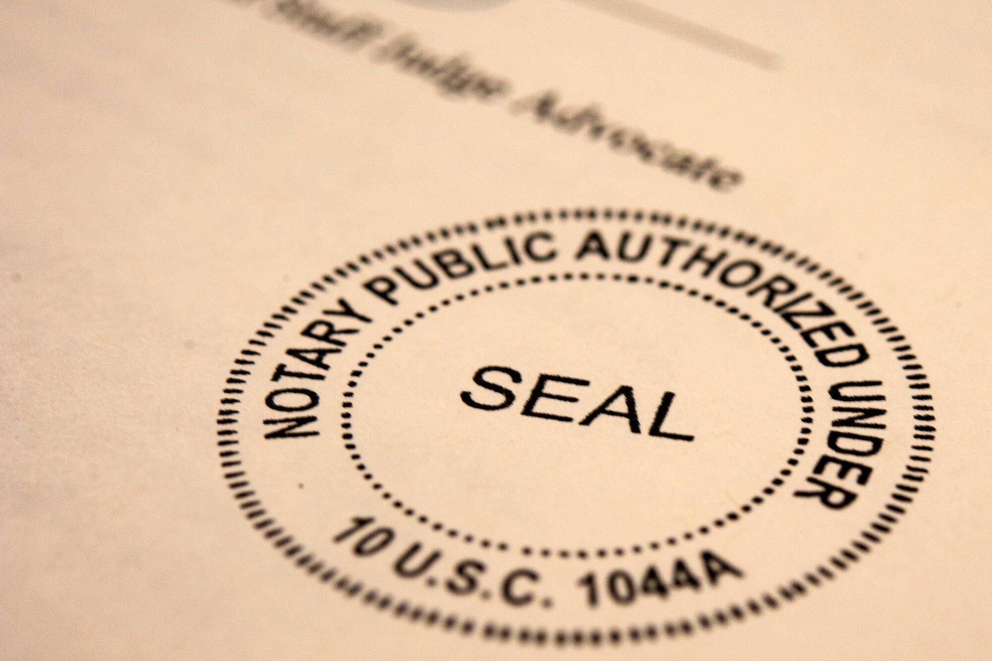 A federal notary seal signifies official completion of a will Oct. 8, 2019, at Moody Air Force Base, Ga. The judge advocate office regularly aids retirees and military members with wills on Tuesdays. This free legal assistance provides personal and financial relief for customers and enables Airman readiness. (U.S. Air Force photo by Senior Airman Erick Requadt)