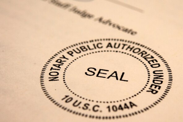A federal notary seal signifies official completion of a will Oct. 8, 2019, at Moody Air Force Base, Ga. The judge advocate office regularly aids retirees and military members with wills on Tuesdays. This free legal assistance provides personal and financial relief for customers and enables Airman readiness. (U.S. Air Force photo by Senior Airman Erick Requadt)