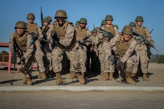 Recruits with India Company, 3rd Recruit Training Battalion, begin the Bayonet Assault course at Marine Corps Recruit Depot San Diego, Oct. 1, 2019.