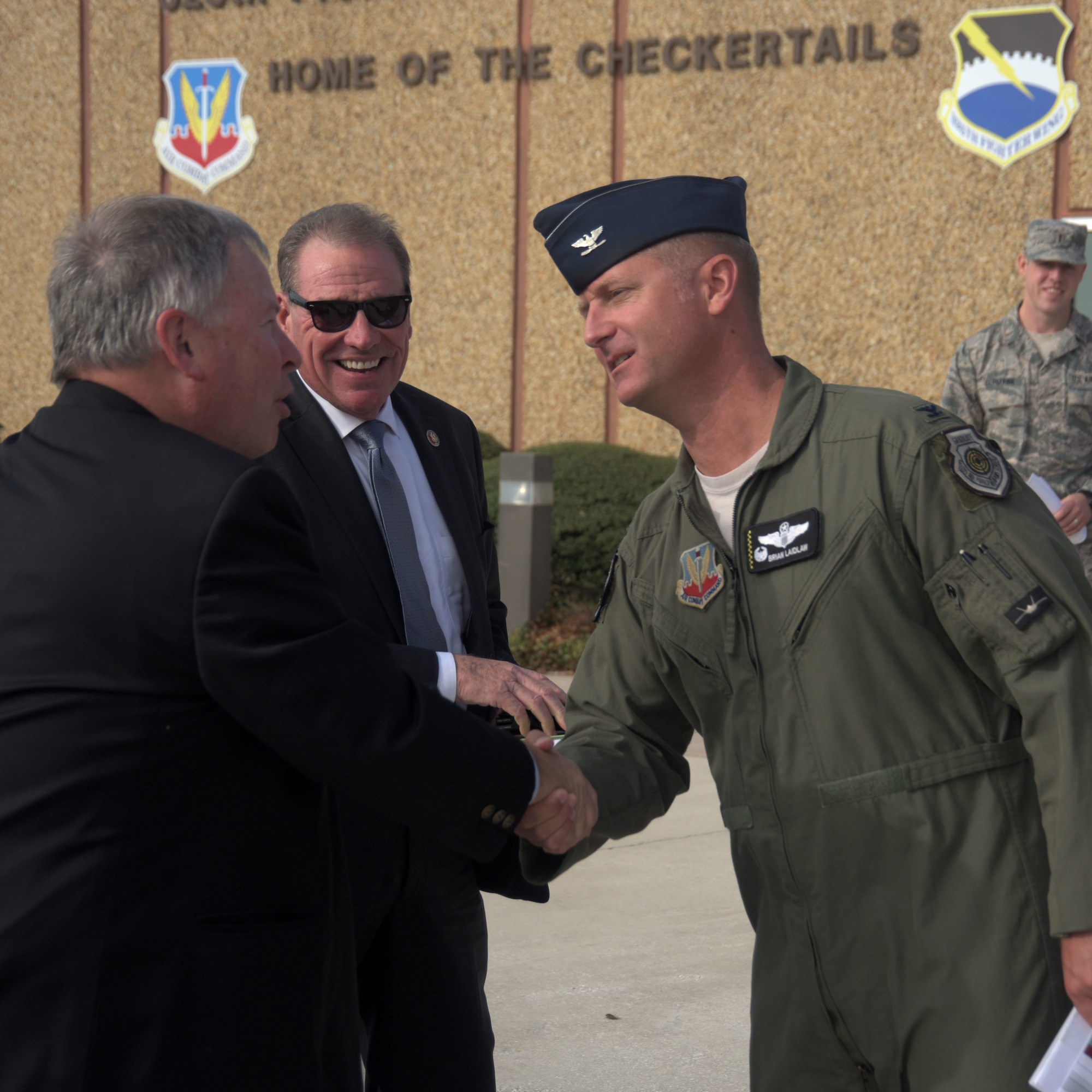 Col. Brian Laidlaw, 325th Fighter Wing commander, and other representatives from Tyndall Air Force Base and its partners, including the Air Force Civil Engineer Center Tyndall Program Management Office and Air Forces Northern / 1st Air Force, facilitated a tour to a congressional delegation focusing on communicating Hurricane Michael recovery and rebuild updates, a current mission brief, a windshield tour of mission support facilities including the dining facility, dormitories, temporary lodging and the fitness center. They also toured the operational side of the base including the 601st Air Operations Center, flight line support and maintenance agencies. (U.S. Air Force photo by Staff Sgt. Magen M. Reeves)