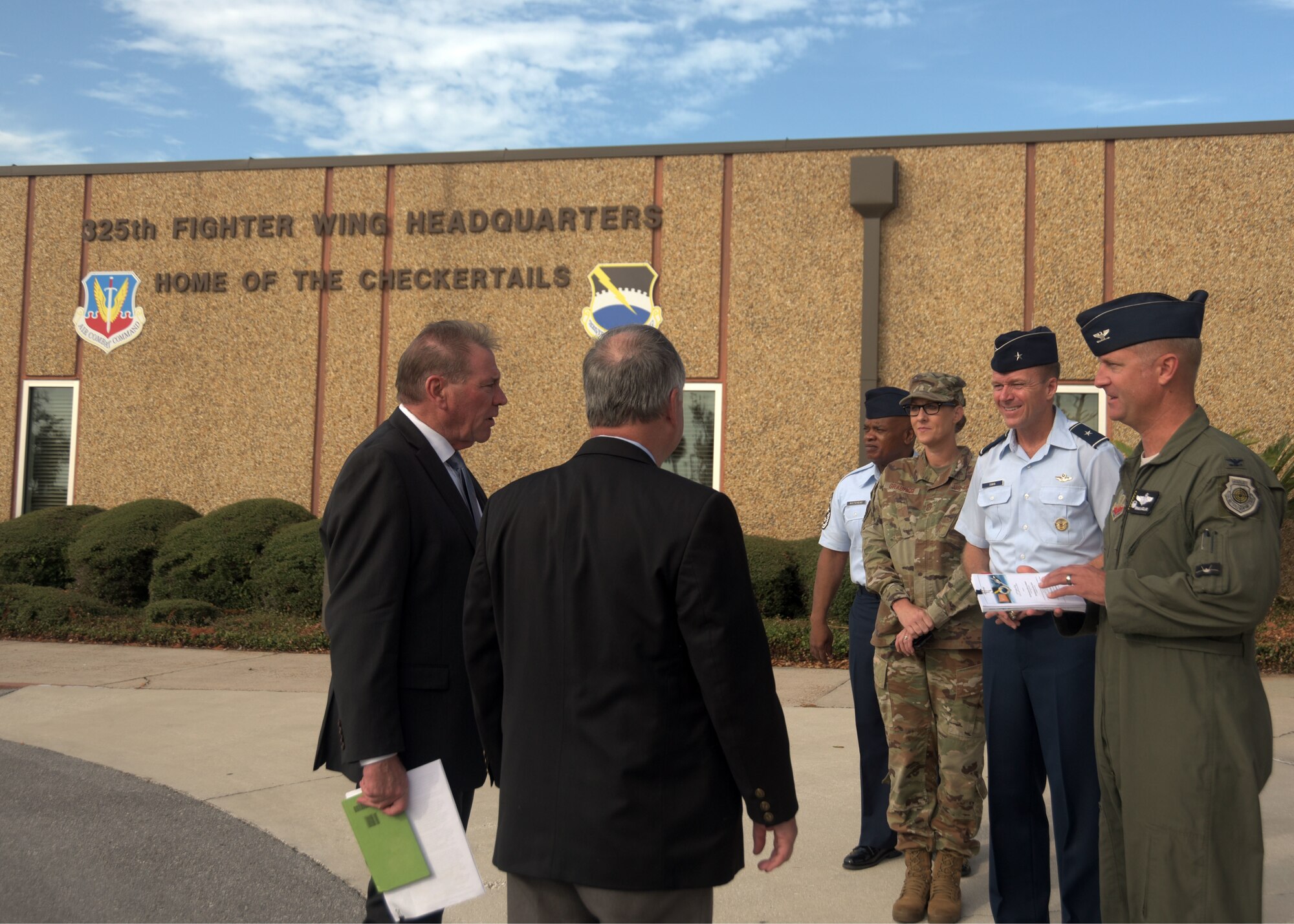 Col. Brian Laidlaw, 325th Fighter Wing commander, and other representatives from Tyndall Air Force Base and its partners, including the Air Force Civil Engineer Center Tyndall Program Management Office and Air Forces Northern / 1st Air Force, facilitated a tour to a congressional delegation focusing on communicating Hurricane Michael recovery and rebuild updates, a current mission brief, a windshield tour of mission support facilities including the dining facility, dormitories, temporary lodging and the fitness center. They also toured the operational side of the base including the 601st Air Operations Center, flight line support and maintenance agencies. (U.S. Air Force photo by Staff Sgt. Magen M. Reeves)