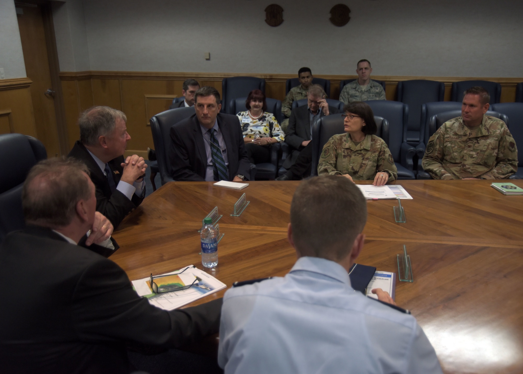 Col. Brian Laidlaw, 325th Fighter Wing commander, and other representatives from Tyndall Air Force Base and its partners, including the Air Force Civil Engineer Center Tyndall Program Management Office and Air Forces Northern / 1st Air Force, facilitated a tour to a congressional delegation focusing on communicating Hurricane Michael recovery and rebuild updates, a current mission brief, a windshield tour of mission support facilities including the dining facility, dormitories, temporary lodging and the fitness center. They also toured the operational side of the base including the 601st Air Operations Center, flight line support and maintenance agencies. (U.S. Air Force photo by Staff Sgt. Magen M. Reeves)