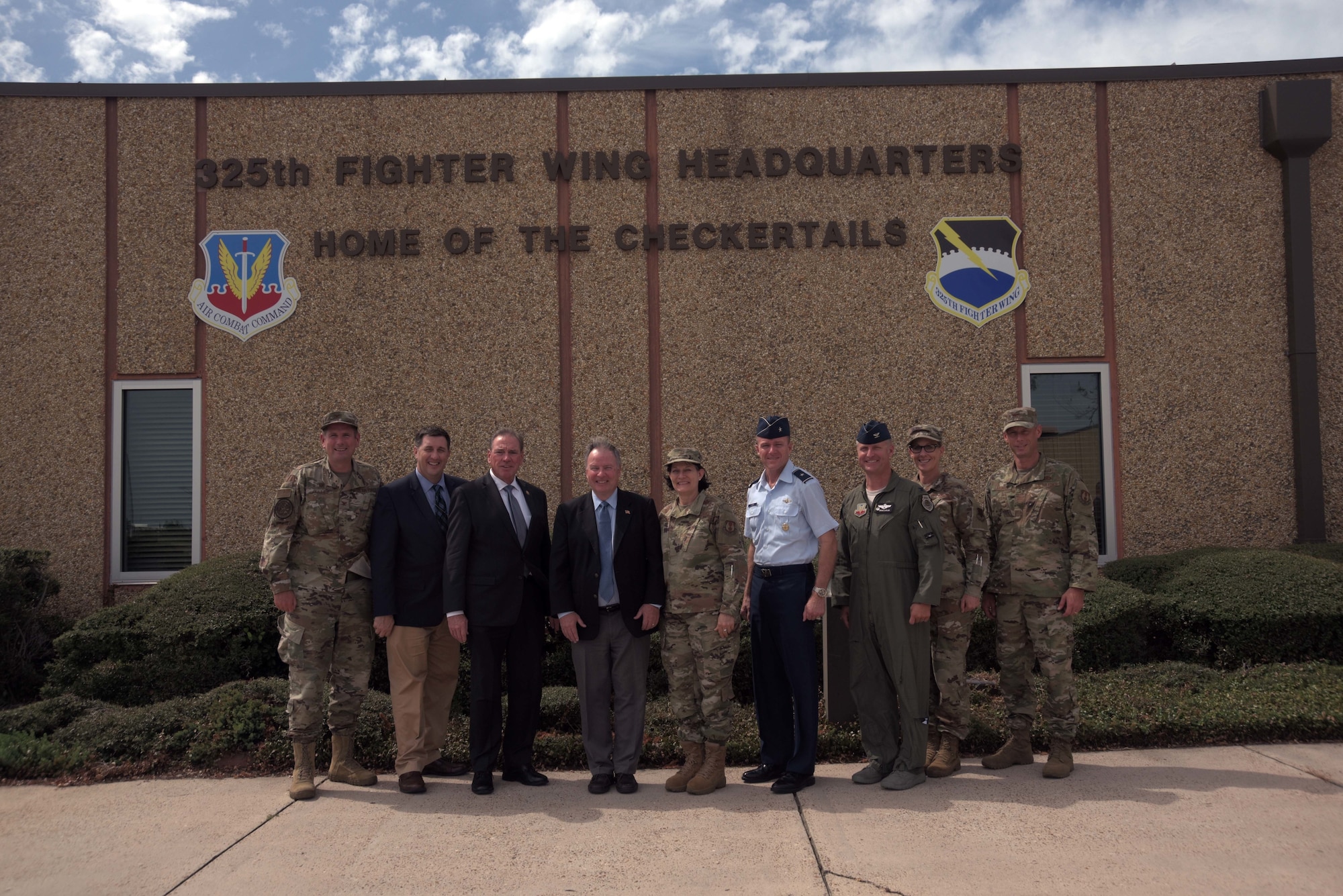 Col. Brian Laidlaw, 325th Fighter Wing commander, and other representatives from Tyndall Air Force Base and its partners, including the Air Force Civil Engineer Center Tyndall Program Management Office and Air Forces Northern / 1st Air Force, facilitated a tour to a congressional delegation focusing on communicating Hurricane Michael recovery and rebuild updates, a current mission brief, a windshield tour of mission support facilities including the dining facility, dormitories, temporary lodging and the fitness center. They also toured the operational side of the base including the 601st Air Operations Center, flight line support and maintenance agencies. (U.S. Air Force photo by Staff Sgt. Magen M. Reeves)