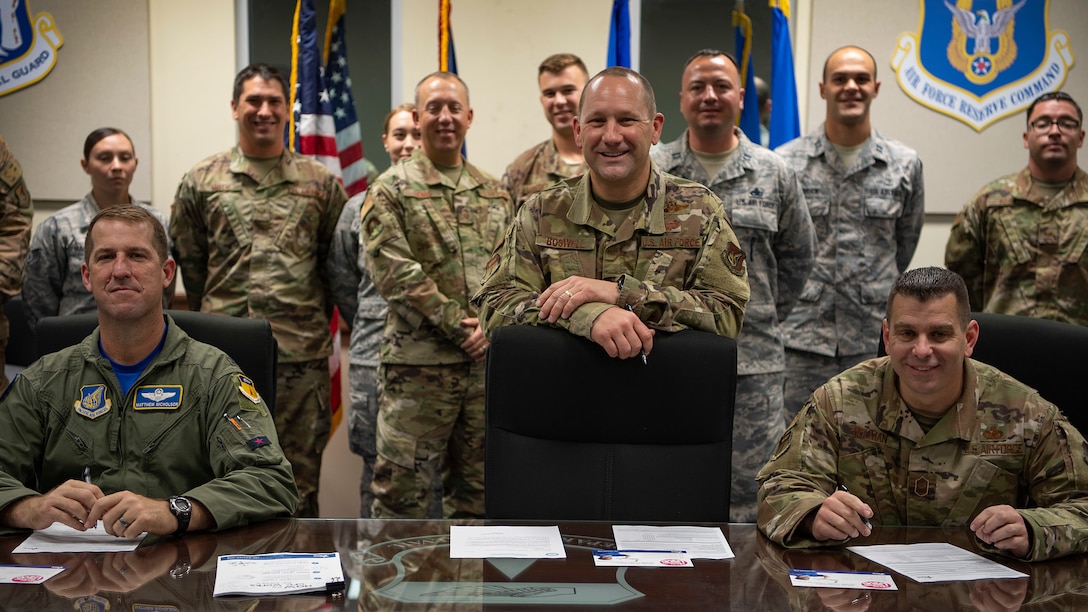 The 36th Wing leadership and the Combined Federal Campaign representatives take a group photo before the CFC kick-off signing, Andersen Air Force Base, Guam, Oct. 4, 2019. The CFC is the official workplace giving campaign of the federal government. (U.S. Air Force photo by Senior Airman Ryan Brooks)