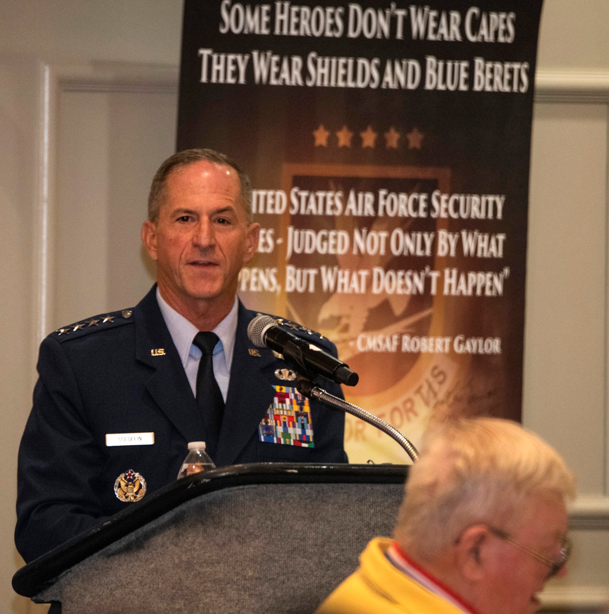 Air Force Chief of Staff Gen. David L. Goldfein addresses Security Forces Defenders, past and present, at the 33rd Air Force Security Forces Association national meeting banquet in San Antonio Sept. 28.