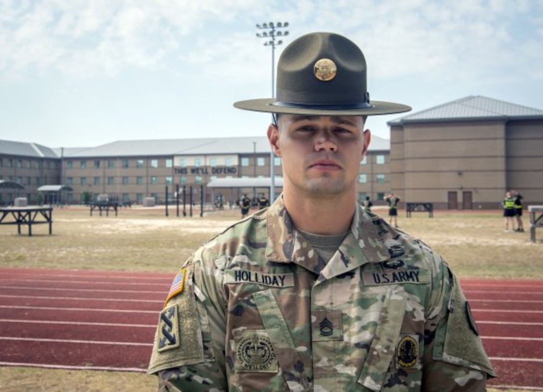 Sgt. 1st Class Joseph Holliday stands outside the Drill Sergeant Academy at Fort Jackson, S.C., Sept. 27, 2019. Holliday is a deputy senior drill sergeant leader, is one of the currently longest serving trainers at the Drill Sergeant Academy