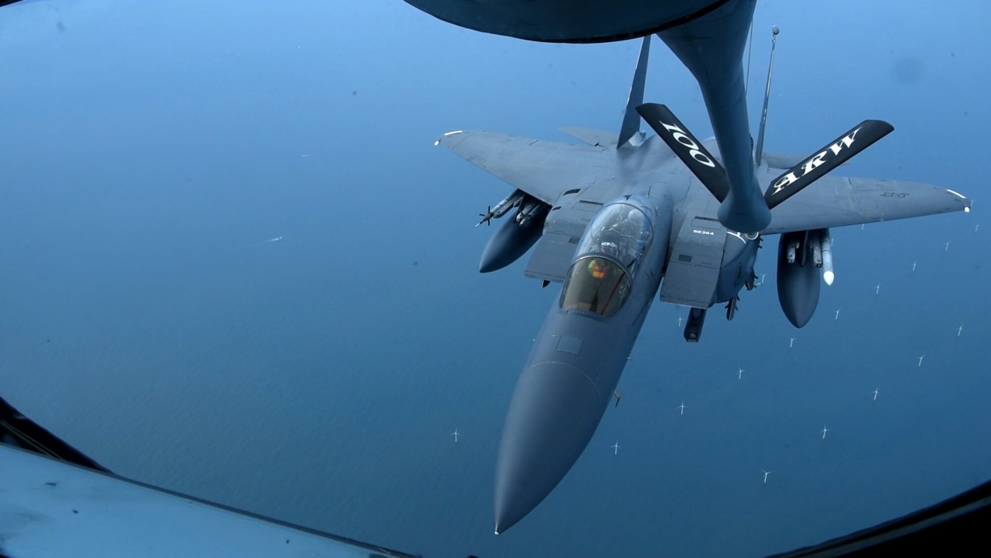 An F-15E Strike Eagle assigned to the 48th Fighter Wing at RAF Lakenheath, England, receives fuel from a 351st Air Refueling Squadron KC-135 Stratotanker during a readiness exercise over England, Oct. 3, 2019. Exercise scenarios were designed to ensure 100th ARW Airmen were fully prepared for potential contingencies in the wing’s area of responsibility. (U.S. Air Force photo by Airman 1st Class David Busby)