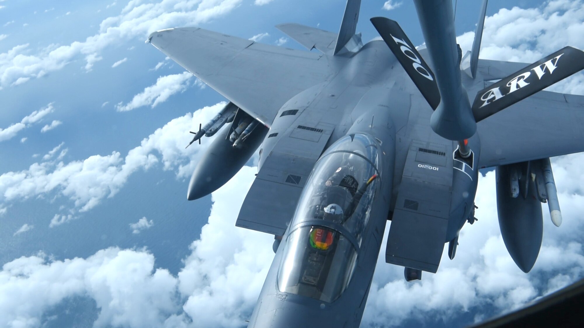An F-15E Strike Eagle assigned to the 48th Fighter Wing at RAF Lakenheath, England, receives fuel from a KC-135 Stratotanker assigned to the 100th Air Refueling Wing during a readiness exercise over England, Oct. 3, 2019. Exercise scenarios were designed to ensure 100th ARW Airmen were fully prepared for potential contingencies in the wing’s area of responsibility. (U.S. Air Force photo by Airman 1st Class David Busby)