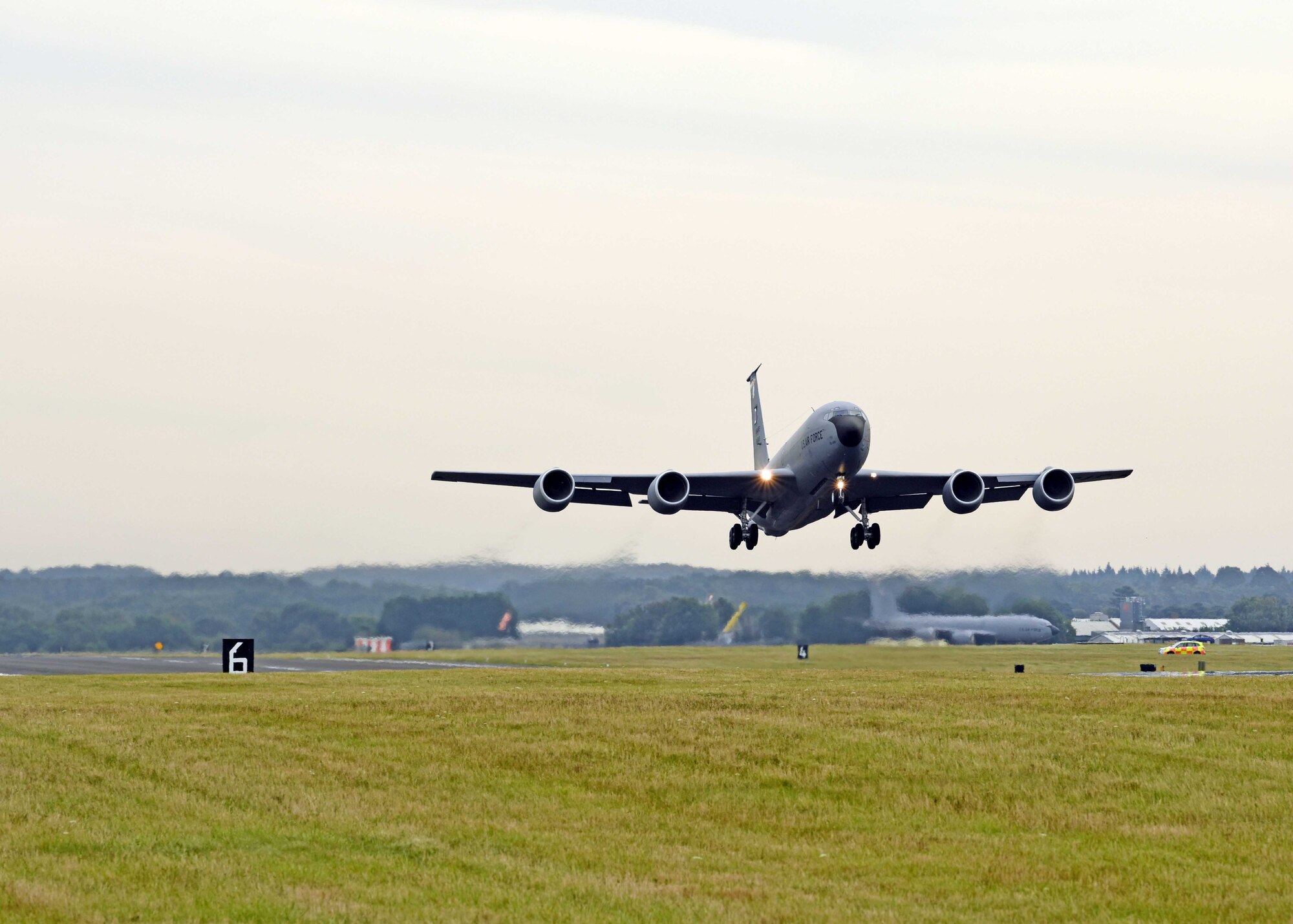 A KC-135 Stratotanker assigned to the 100th Air Refueling Wing takes off during a readiness exercise at RAF Mildenhall, England, Oct. 3, 2019. Exercise scenarios were designed to ensure 100th ARW Airmen were fully prepared for potential contingencies in the wing’s area of responsibility. (U.S. Air Force photo by Karen Abeyasekere)