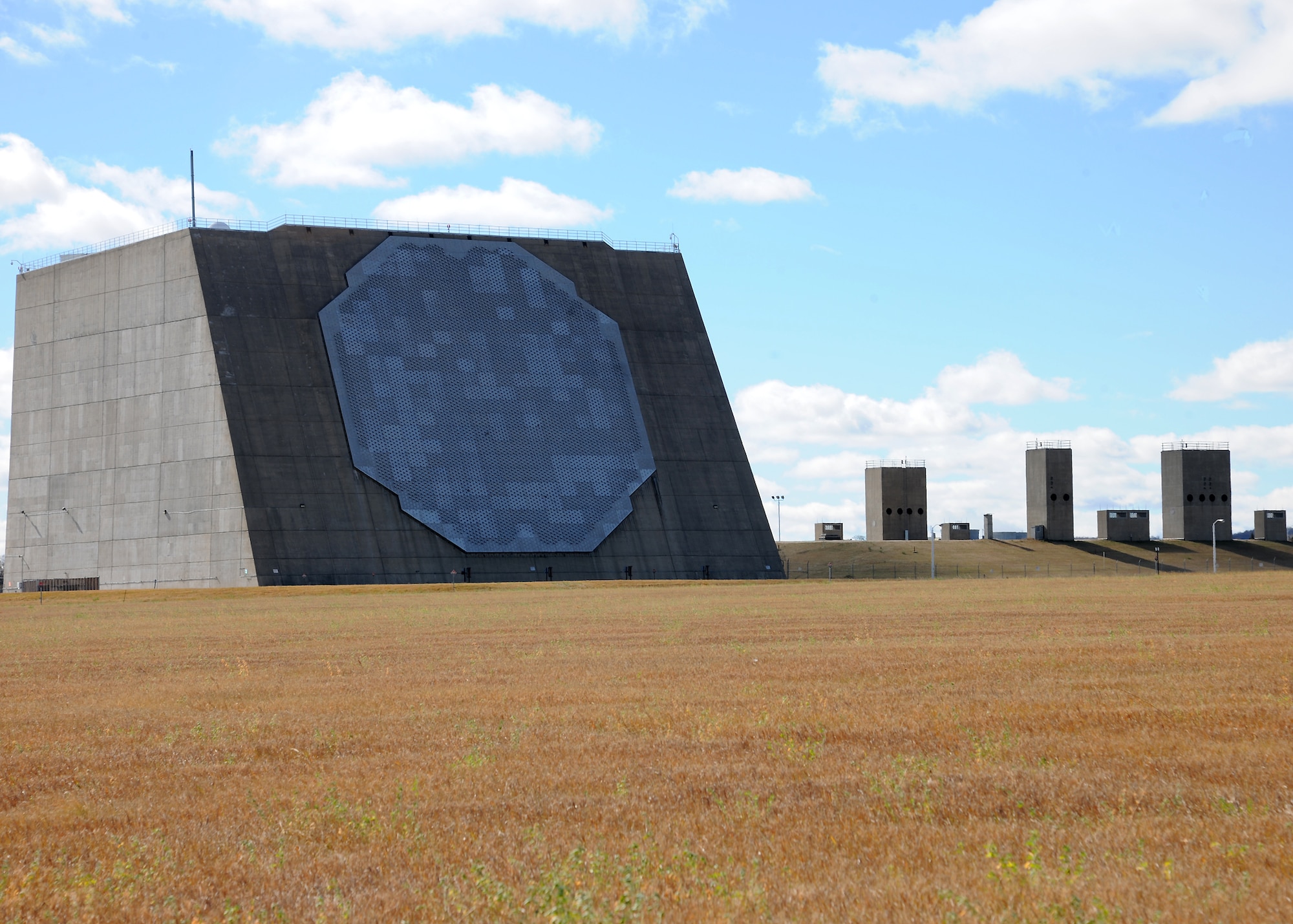 A full view of the Perimeter Acquisition Radar building located at Cavalier Air Force Station in North Dakota. The building houses the Perimeter Acquisition Radar Attack Characterization System, a key piece of the national military command system.