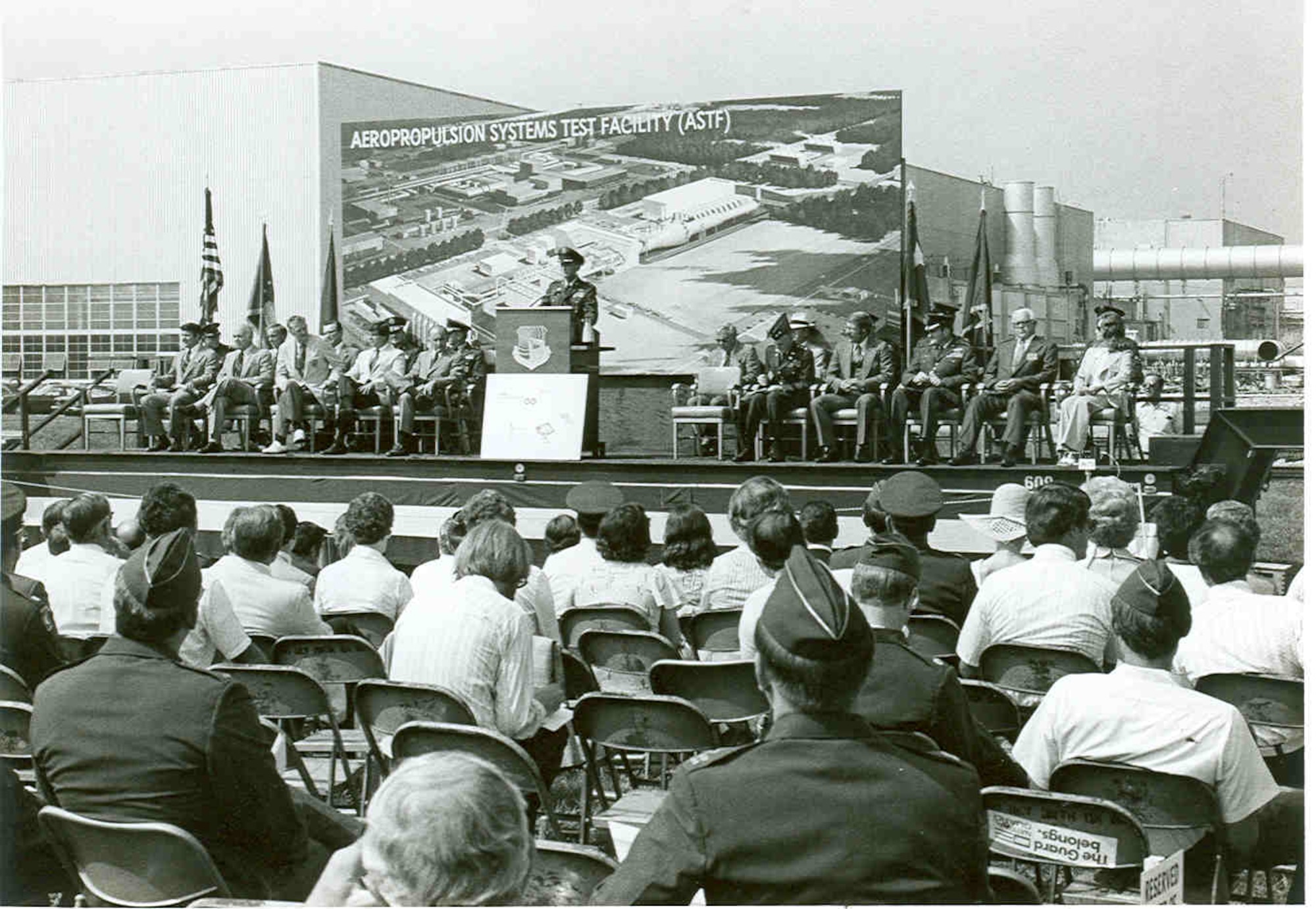 A 1977 groundbreaking ceremony for the Aeropropulsion Systems Test Facility at Arnold Air Force Base is attended by Air Force and industry officials, national, state and area representatives, and AEDC personnel. Construction on ASTF was completed around seven years later, and the facility was dedicated on Oct. 2, 1984. (U.S. Air Force photo)