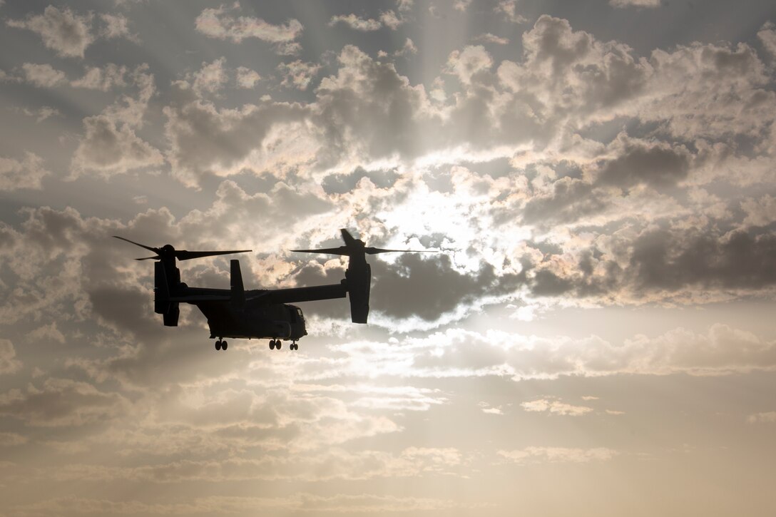 U.S. Marine Corps MV-22 Osprey with Special Purpose Marine Air-Ground Task Force-Crisis Response-Africa 20.1, Marine Forces Europe and Africa, extract Marines from a landing zone during quick-reaction force training at Naval Station Rota, Spain, Sept. 30, 2019.