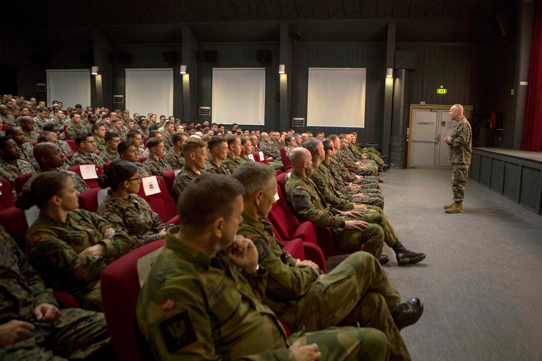 Maj. Gen. Patrick J. Hermesmann, commander of U.S. Marine Corps Forces Europe and Africa, speaks to attendees at the Marine Rotational Force-Europe 19.2 and 20.1 transfer-of-authority ceremony in Setermoen, Norway, Sept. 27, 2019