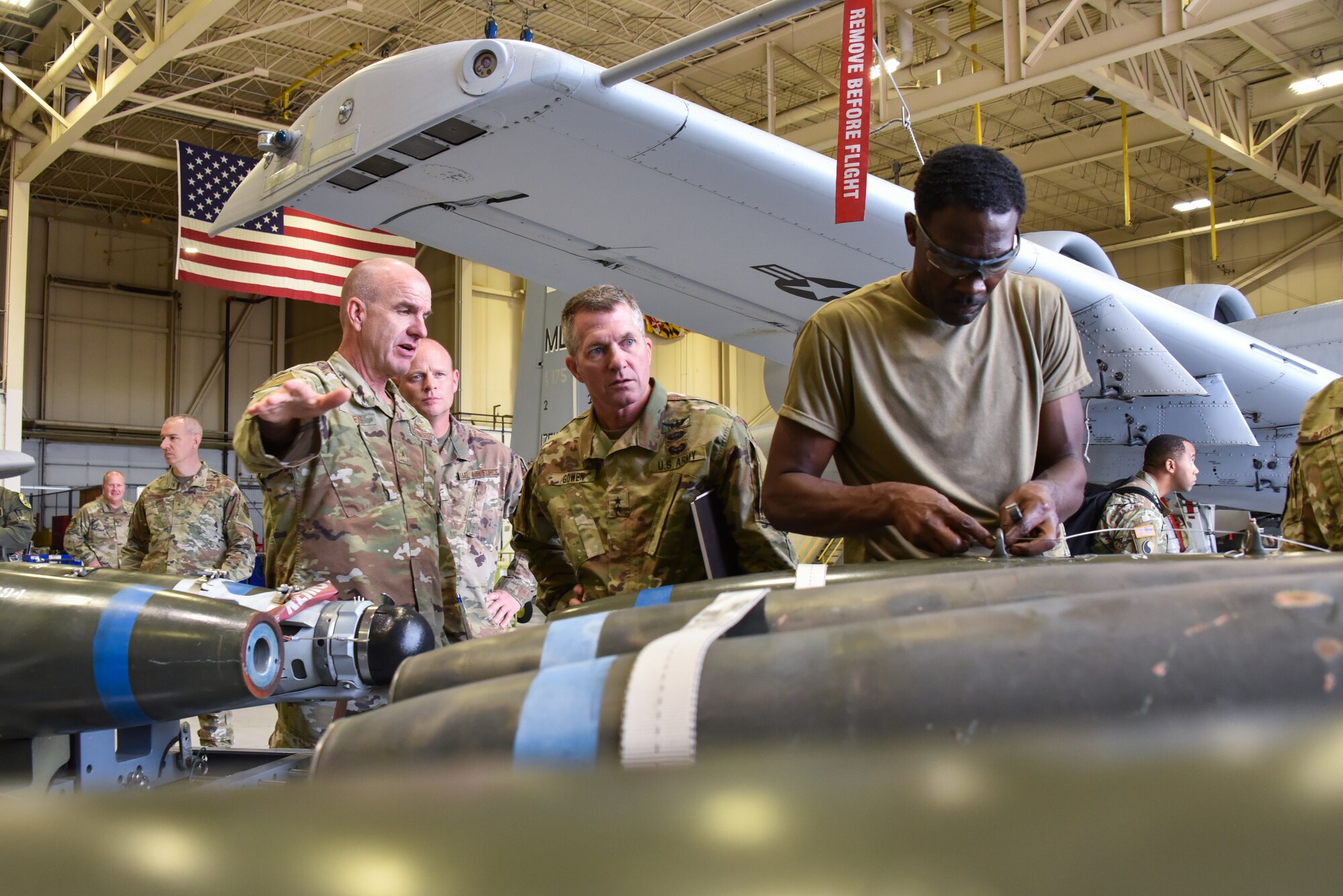 U.S. Air Force Brig. Gen. Edward Jones, Maryland’s assistant adjutant general for Air, gives U.S. Army Maj. Gen. Timothy E. Gowen, adjutant general for Maryland, a tour of an A-10C Thunderbolt II aircraft hangar Oct. 6, 2019 during his initial visit to the Maryland Air National Guard’s 175th Wing in Middle River, Md.