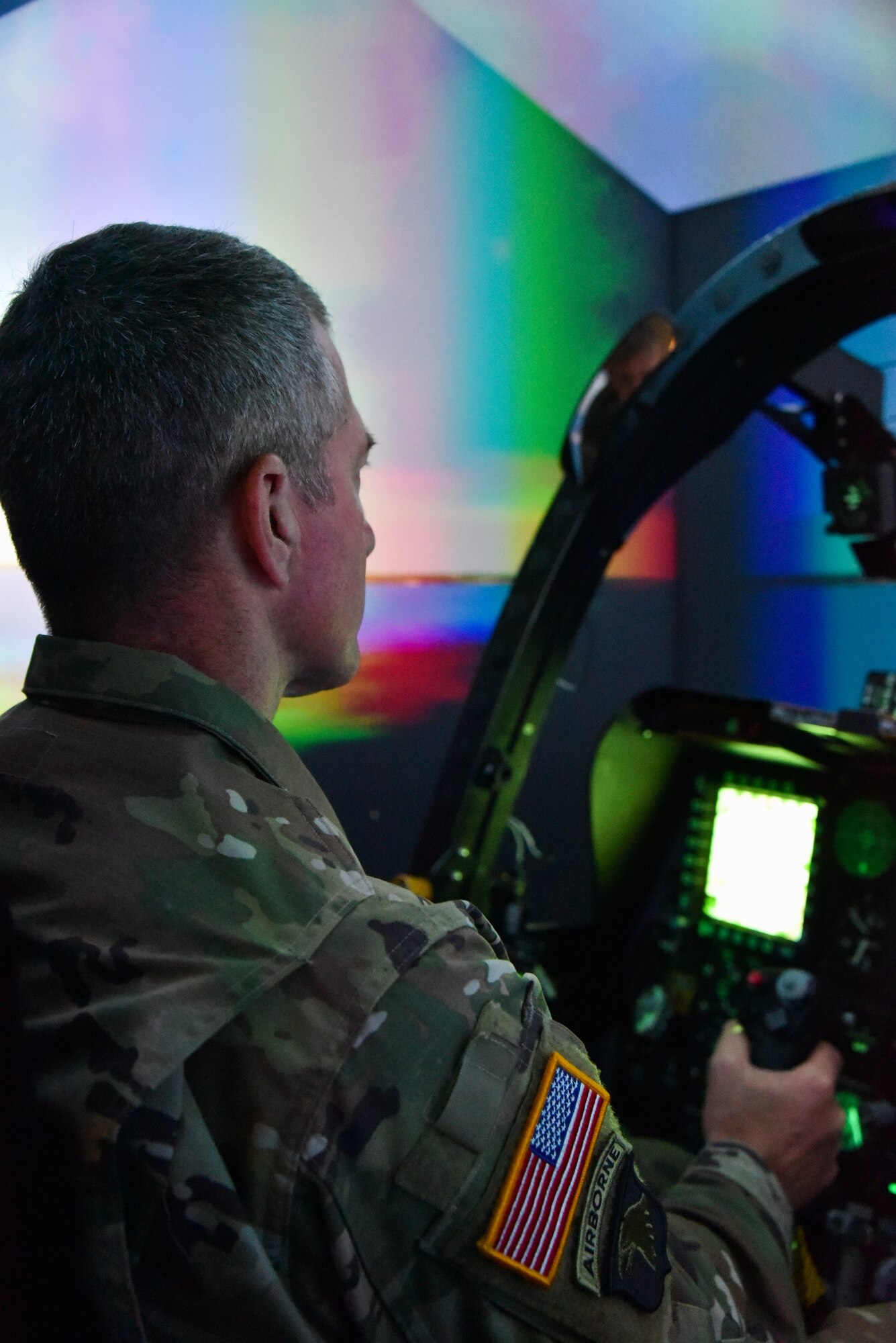 U.S. Army Maj. Gen. Timothy E. Gowen, adjutant general for Maryland, operates an A-10C Thunderbolt II simulator Oct. 6, 2019 during his initial visit to the Maryland Air National Guard’s 175th Wing in Middle River, Md.