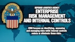 Enterprise Risk Management - text illustration with social icons and tablet computer and mobile cellphones on cyan digital world map background