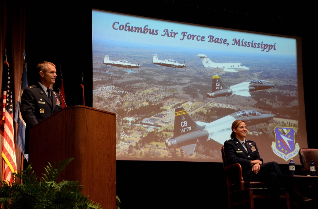 Col. Steven Boatright, 53rd Weapons Evaluations Group commander, speaks to graduates Specialized Undergraduate Pilot Class 19-25 Sept. 27, 2019, at Columbus Air Force Base, Miss. Boatright graduated pilot training from Sheppard AFB, Texas, in 1997. (U.S. Air Force photo by Airman Davis Donaldson)