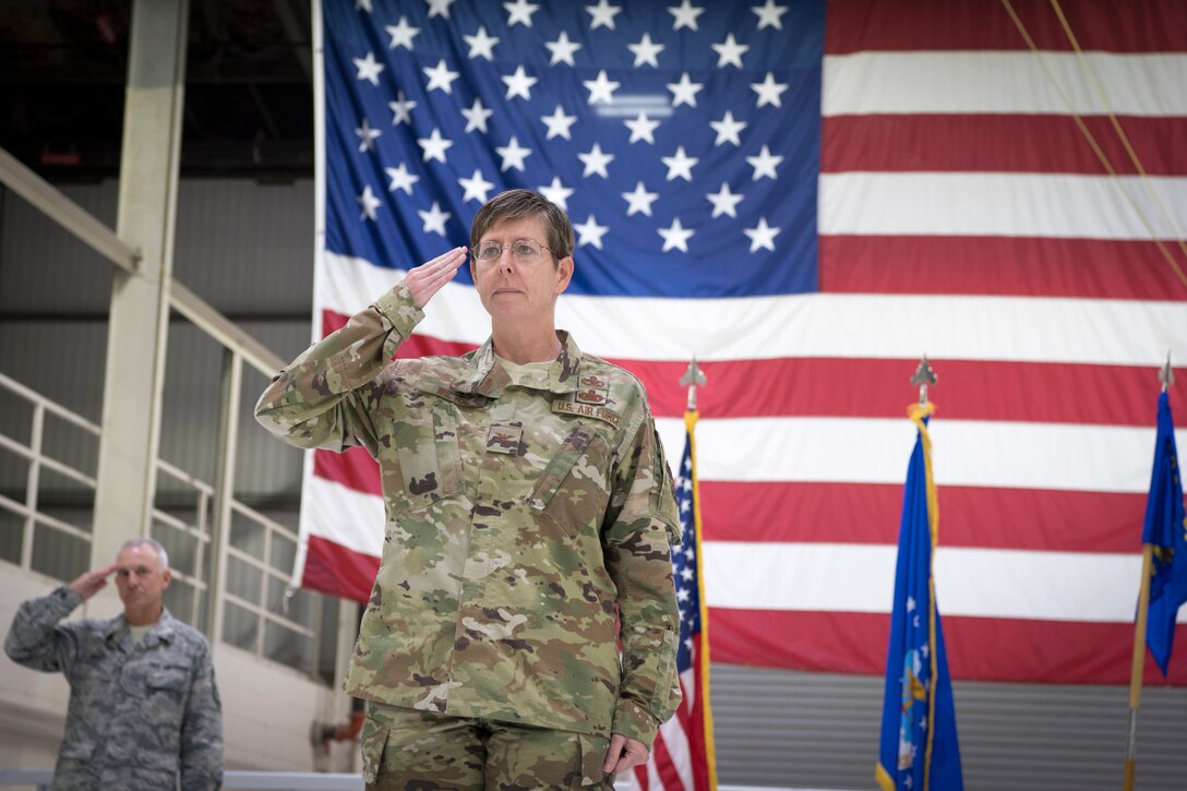 Col. Gretchen Wiltse, 434th Maintenance Group commander, renders her first salute following an assumption of command ceremony at Grissom Air Reserve Base, Indiana Oct. 6, 2019. The 434th MXG is part of the 434th ARW, the largest KC-135R unit in the Air Force Reserve Command. (U.S. Air Force photo/MSgt. Ben Mota)