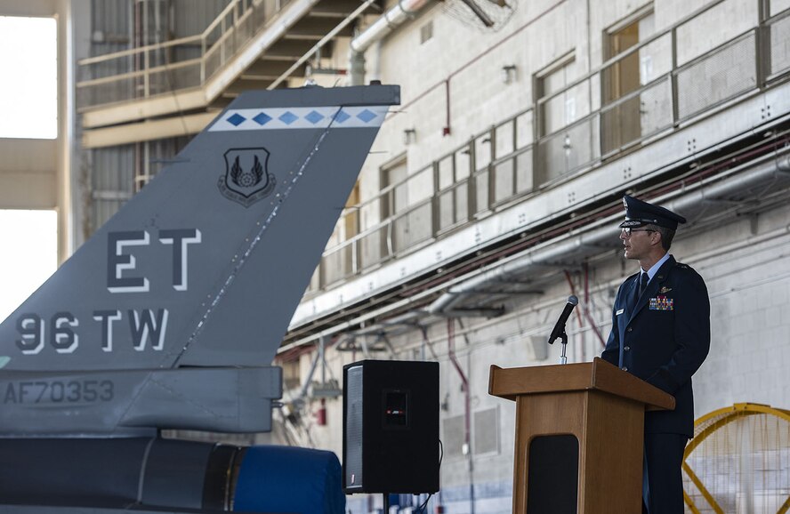 Brig. Gen. Scott A. Cain, new commander, 96th Test Wing, addresses the audience after taking command of the 96th Test Wing during the change of command ceremony July 2 at Eglin Air Force Base, Fla. This is Cain’s second assignment to Eglin. In June of 2010 he was the commander of the 40th Flight Test Squadron. (U.S. Air Force photo/Ilka Cole)