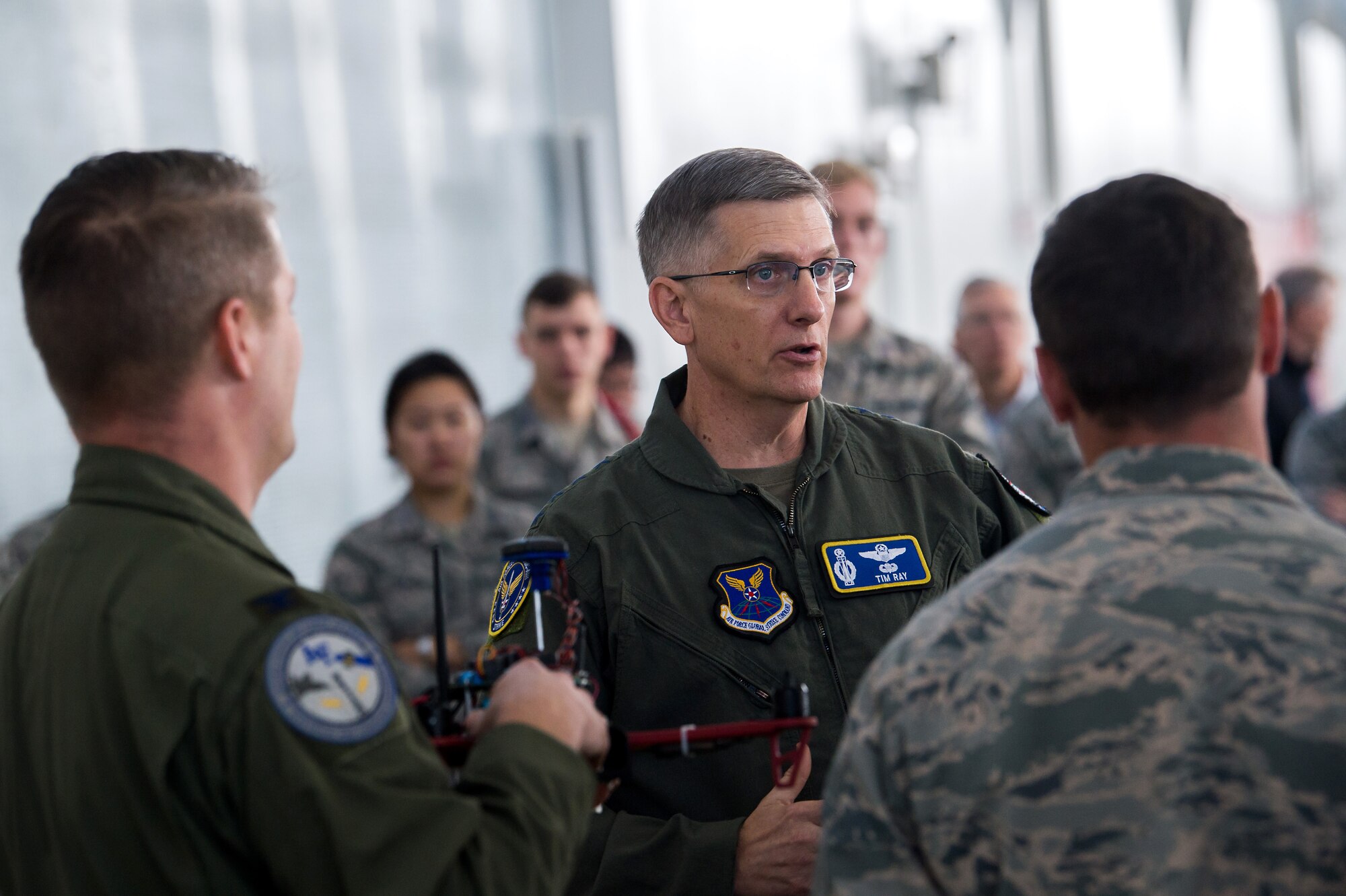 Gen. Tim Ray, Air Force Global Strike Command commander, talks with Air Force Academy cadets during an immersion tour Oct. 2, 2019, at the U.S. Air Force Academy, Colo. As part of Ray’s visit to the Academy, he met with cadets and faculty members involved in the Unmanned Aerial Systems research program. (U.S. Air Force photo by Trevor Cokley)