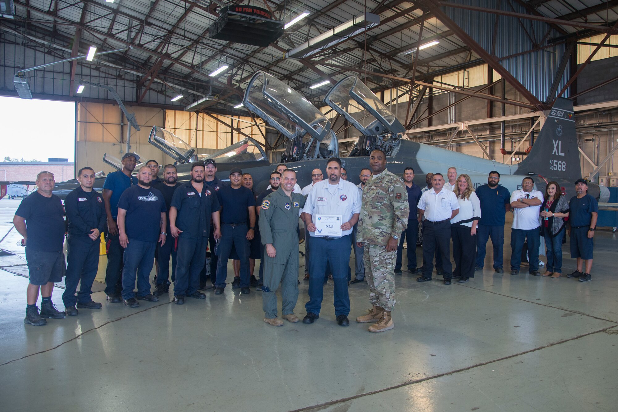 The 47th Maintenance Directorate T-38 Talon II division poses for a picture at Laughlin Air Force Base, Texas, Oct. 3, 2019. Daniel Soto, a 47th Maintenance Directorate aircraft maintenance supervisor was chosen by wing leadership to be the “XLer of the Week” of Sept. 30, 2019. (U.S. Air Force photo by Senior Airman Daniel Hambor)