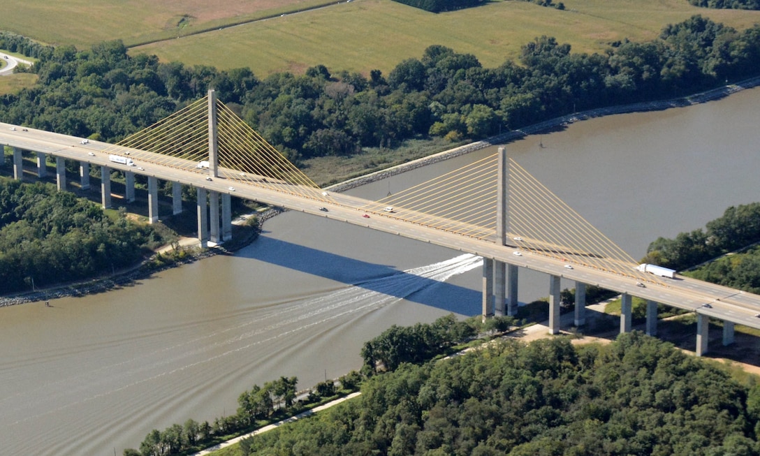 Photo shows the Senator William V. Roth, Jr. Bridge over the Chesapeake & Delaware Canal Waterway. The Senator William V. Roth, Jr. Bridge was built in 1995 and carries State Route 1 over the Chesapeake and Delaware Canal. The main span is 750 feet long and the overall length of the bridge is 4,650 feet.