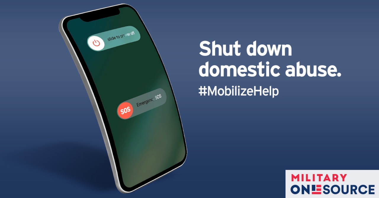 A captioned graphic of a mobile phone displaying a shutdown screen. The text reads, “Shut down domestic abuse. #mobilizehelp”