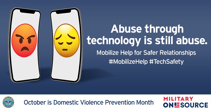 Alt: A captioned illustration of two mobile phones facing each other with large, centered emojis on their screens. The left phone displays the angry face emoji, the right has a sad face. The text reads, “Abuse through technology is still abuse. Mobilize help for safer relationships. #mobilizehelp #techsafety.”