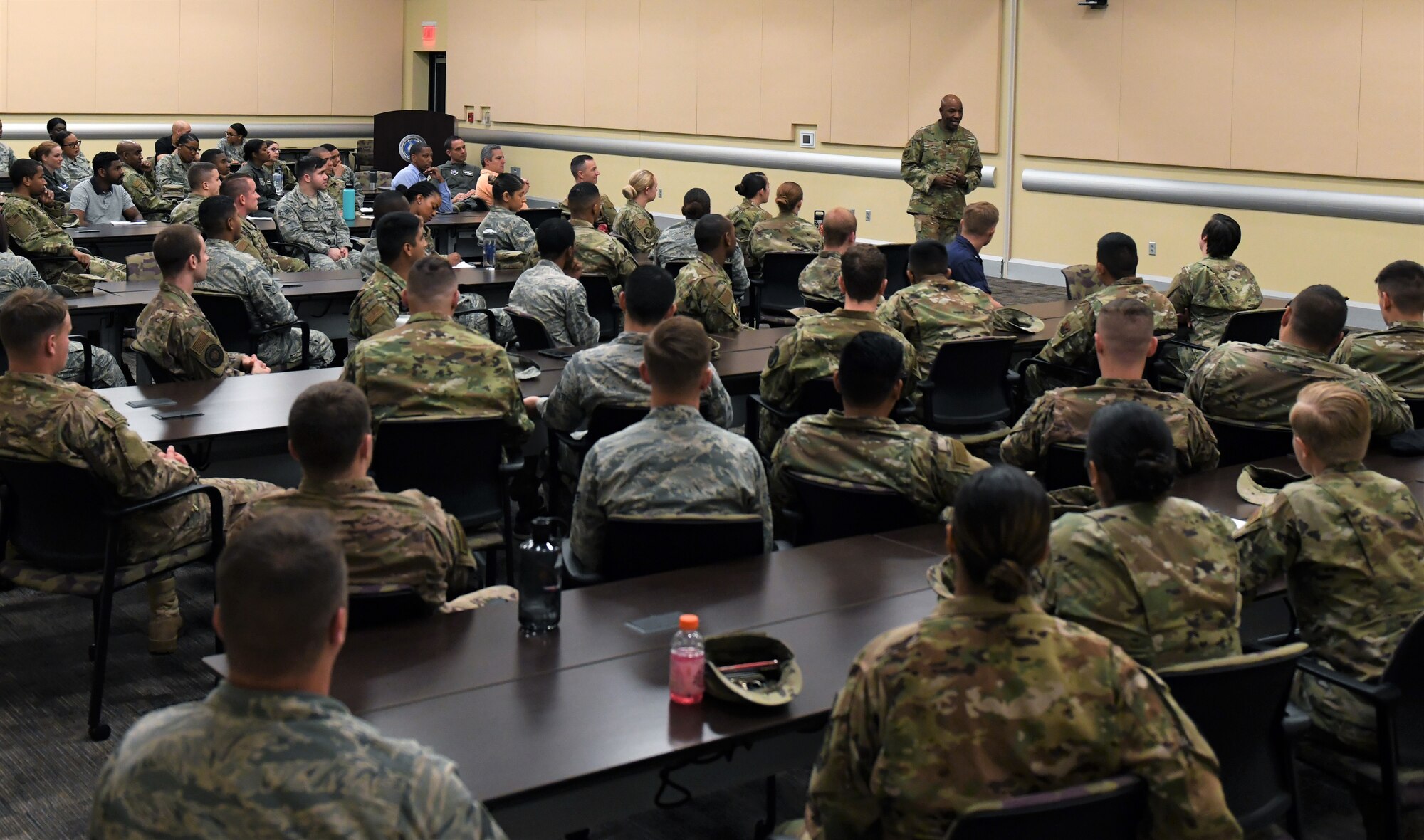 Chief Master Sgt. of the Air Force Kaleth O. Wright addresses Airmen at the last WHYTANK Culture event here Sept. 20.