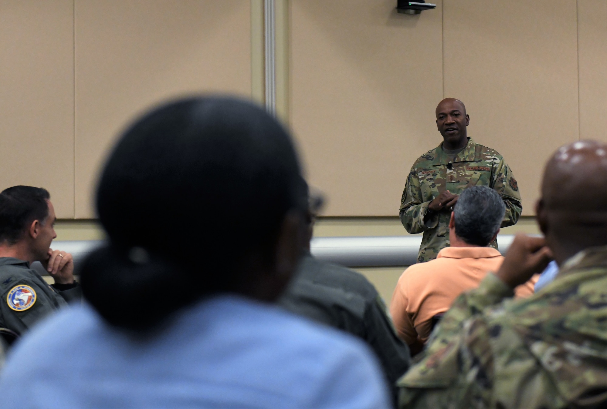 Chief Master Sgt. of the Air Force Kaleth O. Wright addresses Airmen at the last WHYTANK Culture event here Sept. 20.