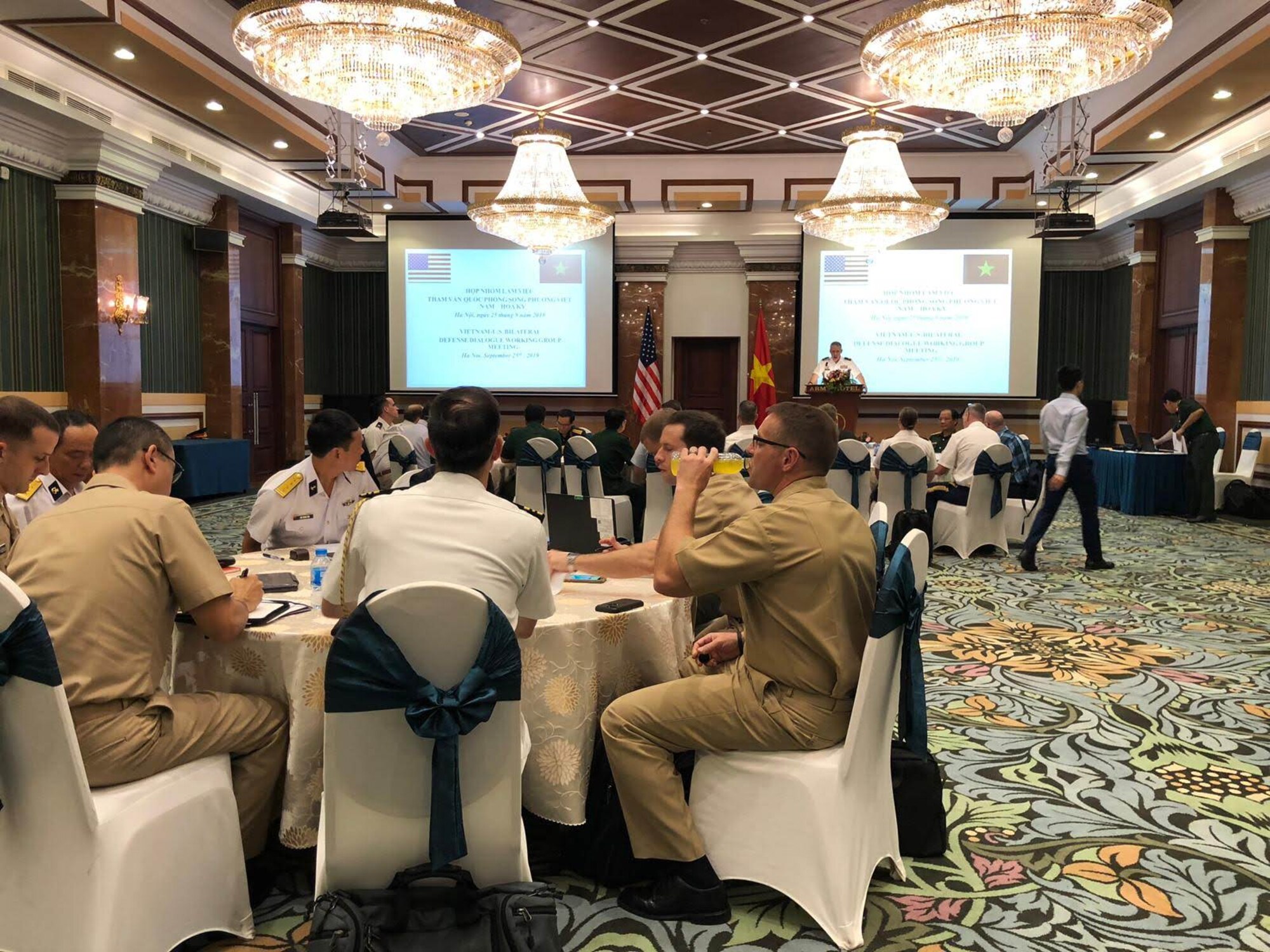Pacific Air Forces and the Vietnamese Air Defense-air force Airmen discuss cooperation during PACAF-ADAF Airman-to-Airman Talks in Hanoi, Vietnam, Sept. 25-27, 2019. This year’s event marked the ninth iteration of the A2AT with the Vietnamese ADAF, which was combined with the Bilateral Defense Dialogues, co-chaired by Maj. Gen. Stephen Sklenka, U.S. Indo-Pacific Command’s strategic planning and policy director, and Lt. Gen. Vu Chien Thang, Department of Foreign Relations director general. (Courtesy Photo)
